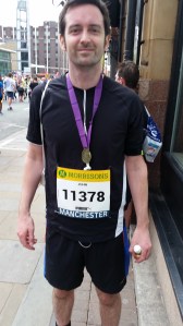 Me after the Manchester 10k. My time...49.09. Well chuffed as the year before I did it in 54.00.
