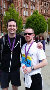 Me and mate Ed after the race. We had a bet that whoever lost would buy the winner a trophy. I won. But I'm scared of what I'll end up with now. 